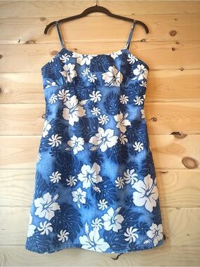 Vintage Y2K Jade Fashions Hawaiian Floral Cami Dress Blue White Tropical Mini M